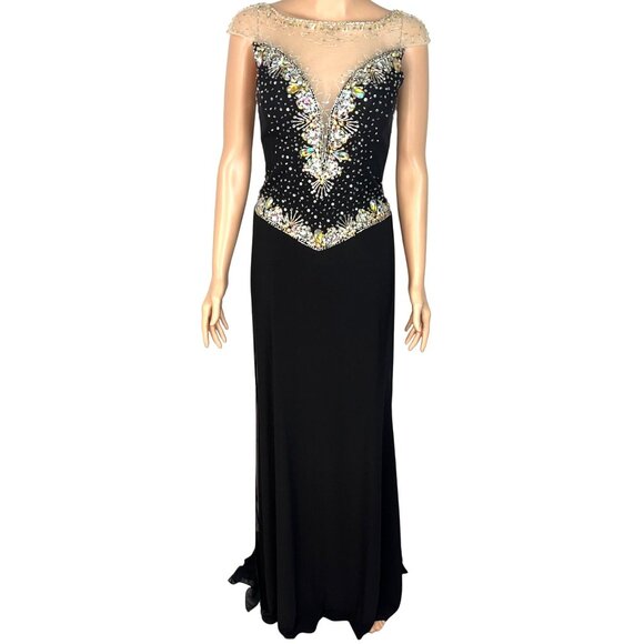 Panoply Black Rhinestone Embellished Mesh Illusion Gown Size 6 W Sheer Neckline - Picture 10 of 13